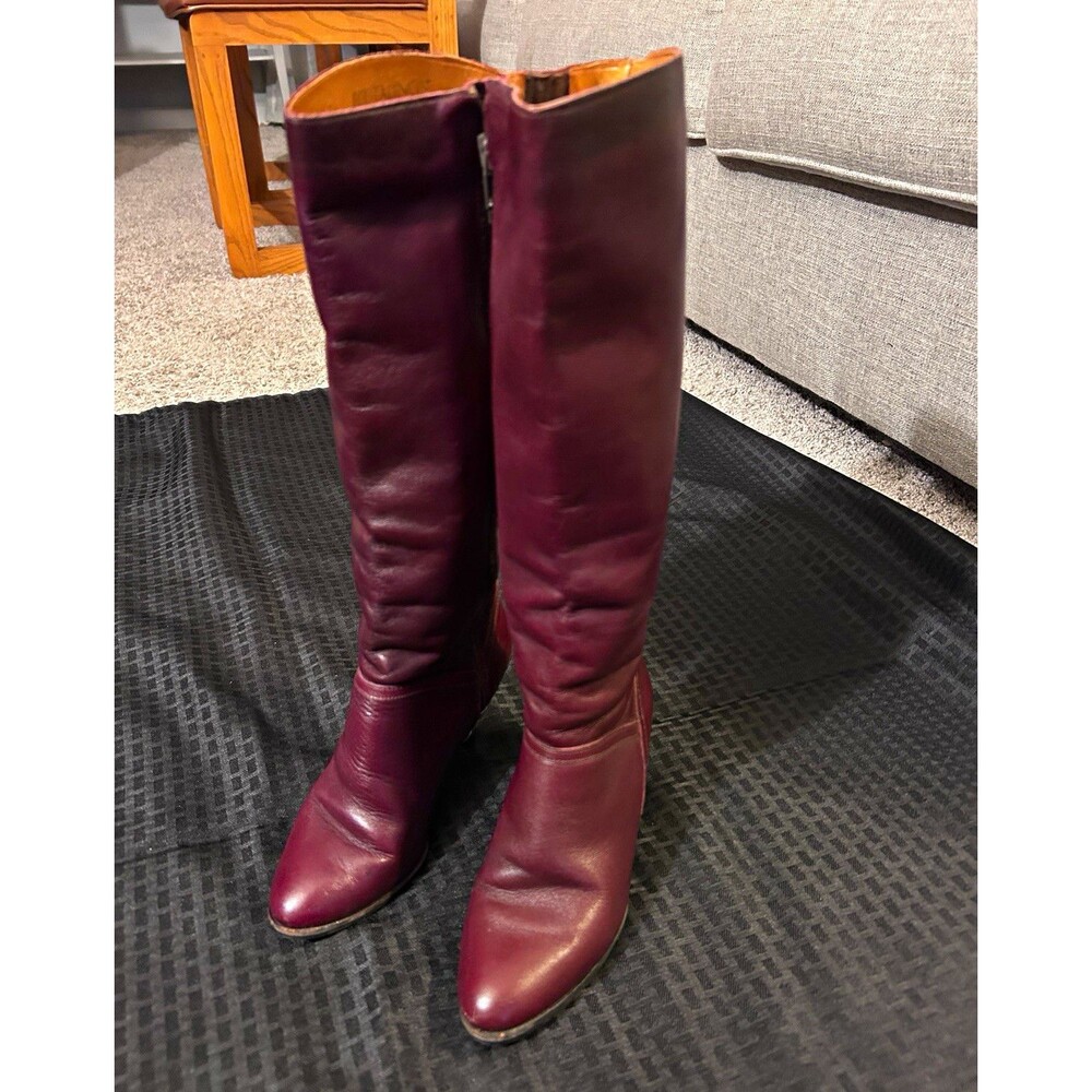 Vintage 70s Bootalinos Corelli Burgundy Leather Knee High Boots 5.5 B Cone Heel